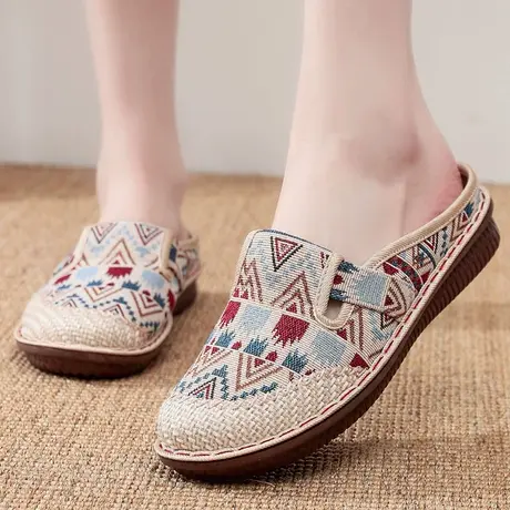 老北京布托鞋老布拖鞋女半拖包头布鞋夏季新款半拖鞋绣花脸谱女士商品大图