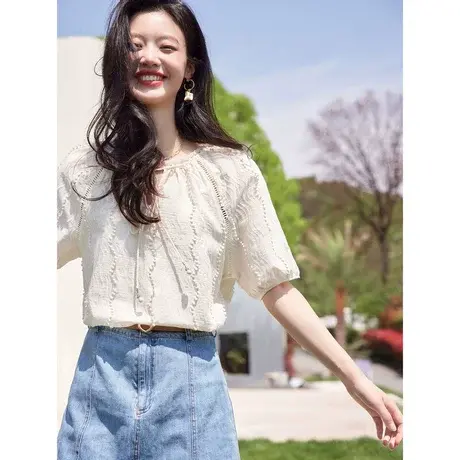 时尚气质圆领短袖衬衫2023年夏季新款淑女温柔宽松显瘦通勤上衣图片