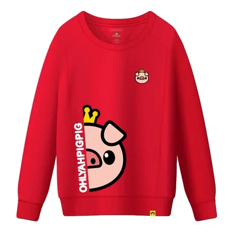 Ohlyah本命新年猪卡通韩版加绒厚冬装情侣女卫衣红色休闲外套学生商品大图