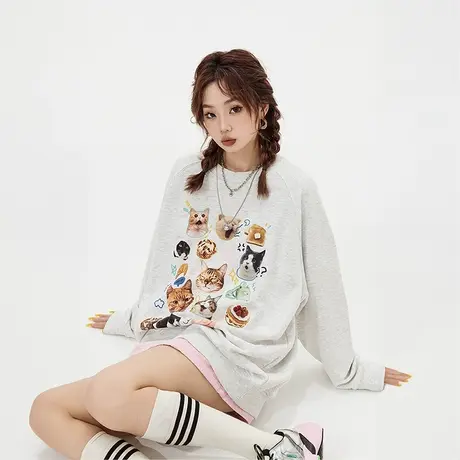 YEP印花圆领卫衣女加绒秋冬2023新款ins潮牌韩版oversize套头上衣商品大图