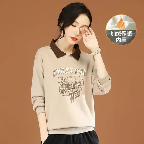 韩潮袭人文艺polo领印花加绒卫衣女2023冬新款宽松显瘦上衣厚图片