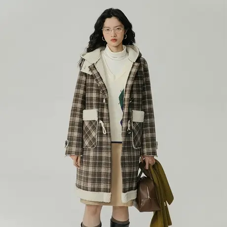 omont蛋挞家 格子牛角扣连帽大衣外套女秋冬复古羊羔毛毛呢外套商品大图