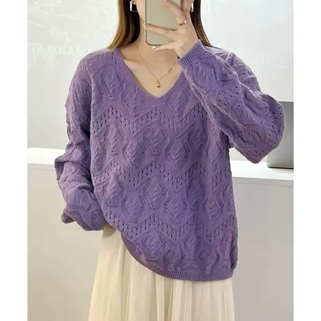 镂空设计感套头针织衫女2023年秋季新款宽松V领长袖针织女装上衣商品大图