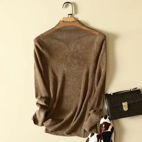 蕾丝拼接半高领套头天鹅绒打底衫女士秋冬修身毛衣弹力针织衫女商品大图