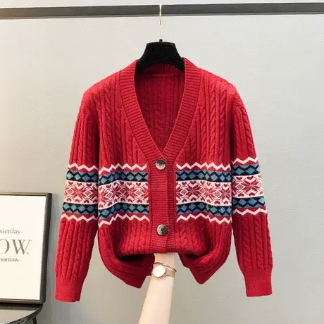 2023秋装新款毛衣外套女提花V领针织开衫女宽松外穿针织衫女上衣商品大图