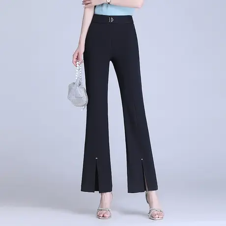 黑色开叉喇叭裤女2023夏季新款高腰冰丝长裤垂感通勤微喇直筒裤薄商品大图