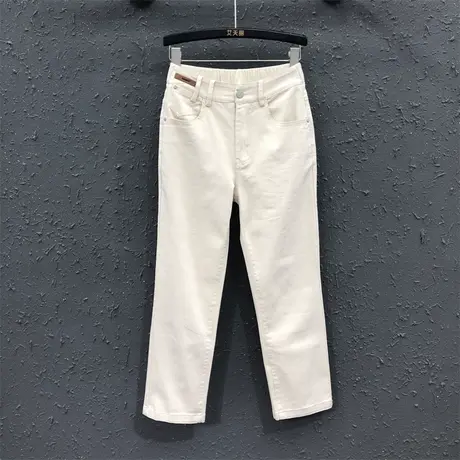 2023夏季新款米色休闲百搭高腰牛仔直筒裤女修身显瘦九分烟管裤潮图片