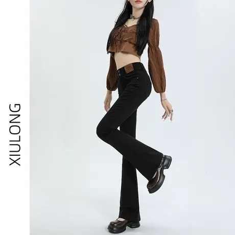 黑色高腰微喇牛仔裤女秋春秋2023年新款网红美式显瘦阔腿喇叭裤子图片