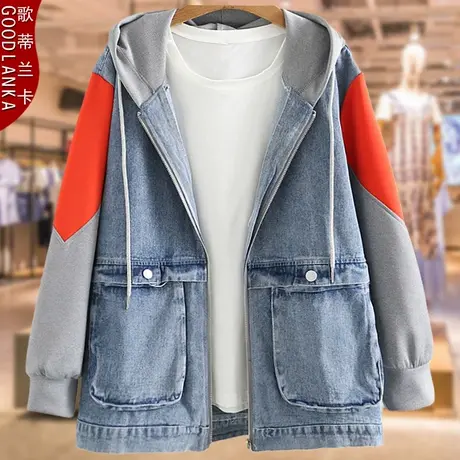 中年胖妈妈春秋装连帽外套洋气时尚加肥加大码女装牛仔风衣200斤商品大图