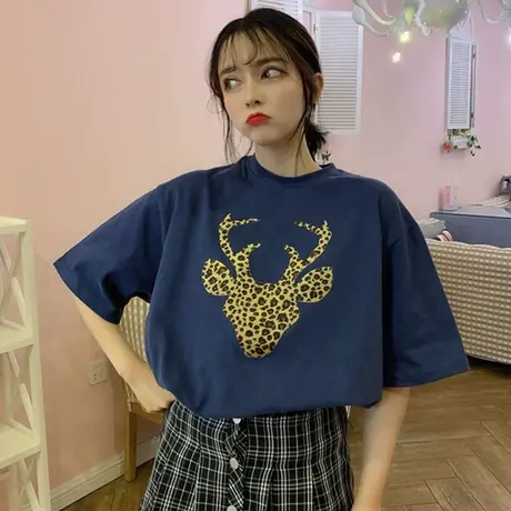 网红ins港风豹纹短袖t恤女夏装2019新款宽松韩版学生百搭上衣服潮商品大图