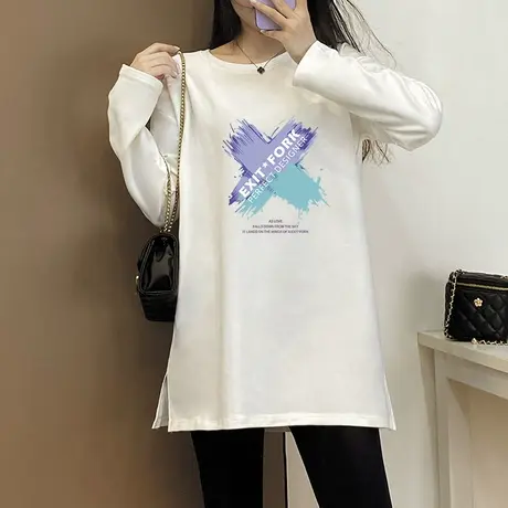 白色长袖t恤女韩版宽松大码上衣中长款春秋冬季磨毛加厚打底衫潮商品大图