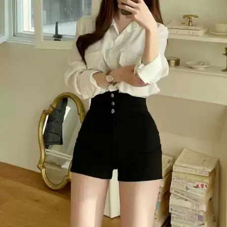 港味ins风设计感休闲短裤女夏季新款高腰显瘦阔腿裤辣妹热裤图片