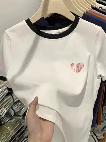 甜美白色撞色短袖t恤女ins潮夏设计感小众印花宽松百搭韩版上衣商品大图