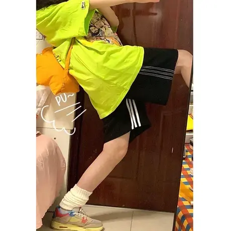 条纹运动短裤女夏季高腰宽松直筒裤小个子学生小众设计感五分裤子图片