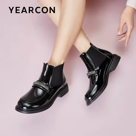 意尔康2023秋冬新款女靴低跟平底圆头百搭切尔西靴漆皮松紧带短靴商品大图