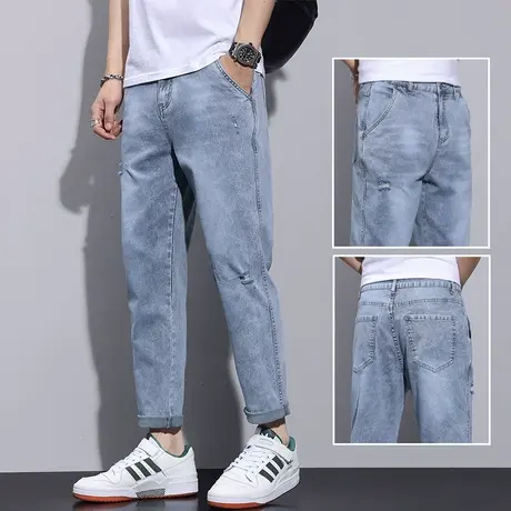 秋季春秋款潮牌痞帅九分破洞牛仔裤男士直筒宽松休闲裤子夏季男裤商品大图