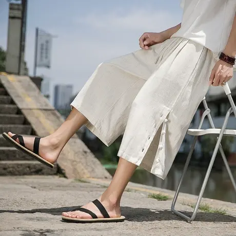 新中式中国风男装复古风亚麻裤男七分裤大码直筒阔腿裤棉麻短裤潮图片