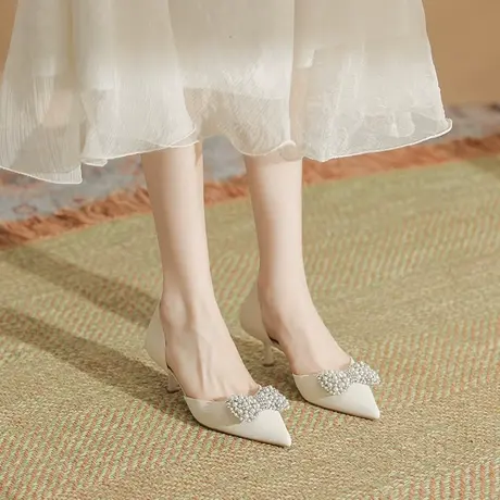 包头单鞋女细跟2023年夏季新款不累脚性感尖头高跟鞋配裙子仙女风商品大图