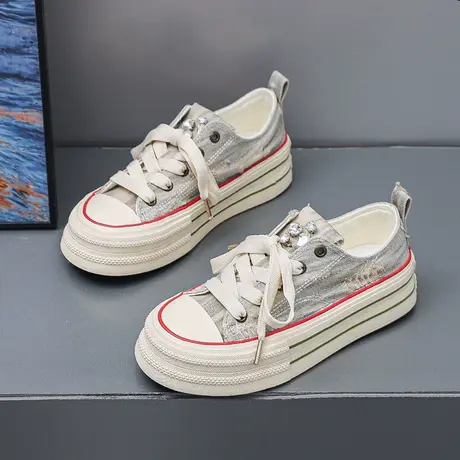 2023年夏季新款帆布鞋女ins潮百搭厚底板鞋牛仔做旧设计感休闲鞋商品大图