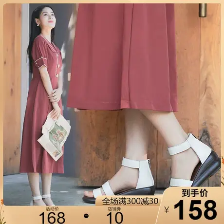 2023夏新款坡跟百搭潮白色松糕凉鞋女原创手工真皮厚底真皮女鞋商品大图