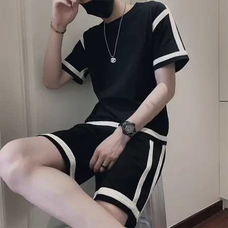 夏季男两件套短裤短袖修身时尚青年学生ins潮牌休闲跑步运动套装图片