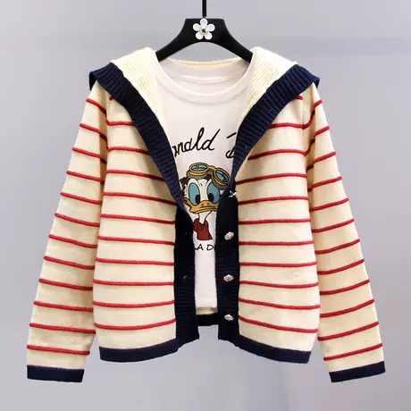 海军领条纹毛衣外套女秋冬2023新款宽松学院风设计感小众针织开衫商品大图