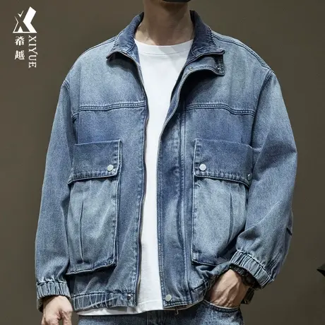 希越美式工装牛仔夹克男春季新款宽松大码机车服男士复古水洗衬衫图片