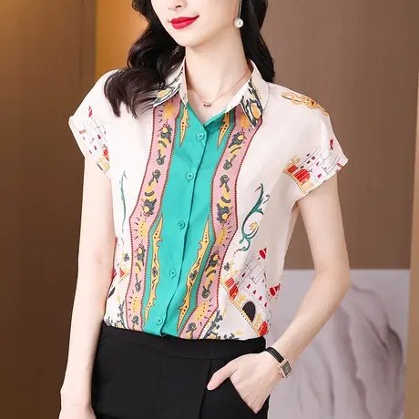杭货2023夏季新款时尚印花重磅真丝衬衫女休闲宽松大码短袖女上衣图片