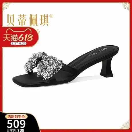 时尚方头露趾蝴蝶结平跟拖鞋女2025年夏季新款百搭低跟外穿凉拖鞋商品大图