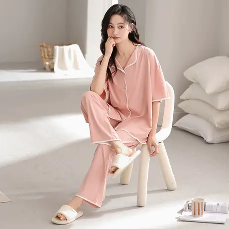 洁丽雅女款睡衣2025新款春夏季纯色休闲大码可外穿短袖家居服套装商品大图