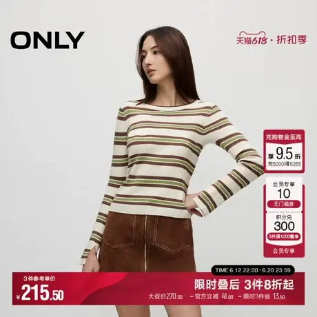 ONLY秋季日常舒适圆领条纹显瘦长袖针织衫女|124313024商品大图