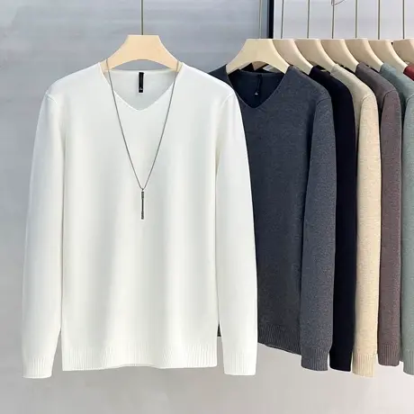 抗起球V领毛衣男秋季2023新款内搭打底衫仿羊毛男士针织衫秋冬装商品大图