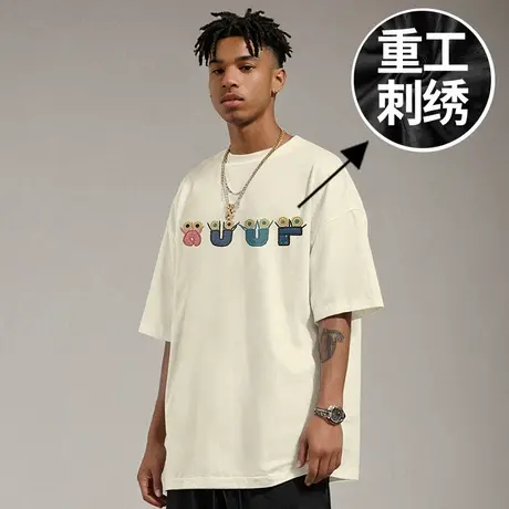 刺绣短袖男100%纯棉重磅潮牌宽松T恤胖子加肥加大码男装半袖夏季商品大图