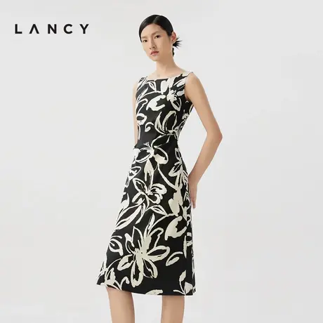 LANCY/朗姿2024夏季新款无袖收腰真丝印花连衣裙气质优雅抽褶裙子图片