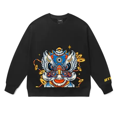 百t大战国潮卫衣男春秋无帽中国风舞狮宽松圆领醒狮潮牌衣服新款商品大图