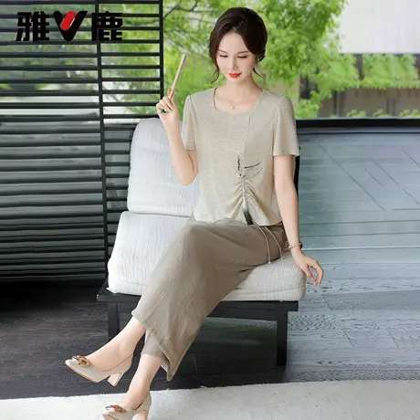 雅鹿亚麻妈妈套装夏季时尚2025年新款短袖上衣阔腿裤休闲两件套女商品大图