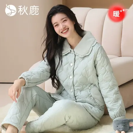 秋鹿【防静电】三层夹棉加厚睡衣女秋冬新款空气棉棉袄家居服套装商品大图