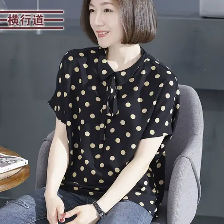 横行道2023新款夏装雪纺衬衫女士半袖波点妈妈翻领短袖娃娃领上衣商品大图
