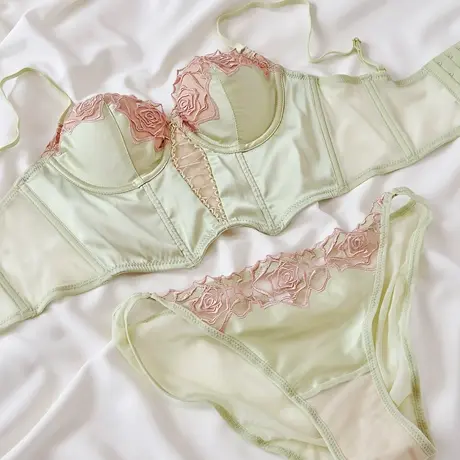 复古玫瑰鱼骨胸衣马甲欧美内衣女法式薄文胸套装图片