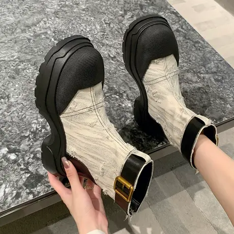 永希马丁靴女复古短靴2023年秋季英伦风百搭粗跟显瘦配裙子工装靴图片