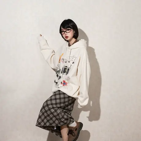 YEP美式复古连帽卫衣女春秋2025年新款宽松印花加厚帽衫外套加绒图片