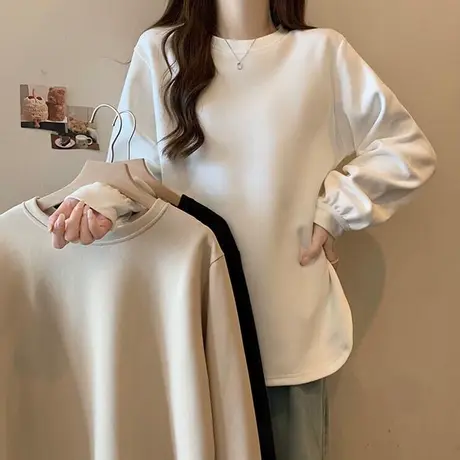 纯色简约圆领无帽卫衣女春秋装宽松百搭学院风薄款上衣外套ins潮商品大图