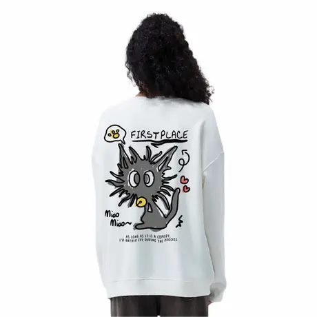 Ohlyah品牌秋冬潮流涂鸦猫咪印花圆领卫衣男女无性别落肩情侣长袖图片