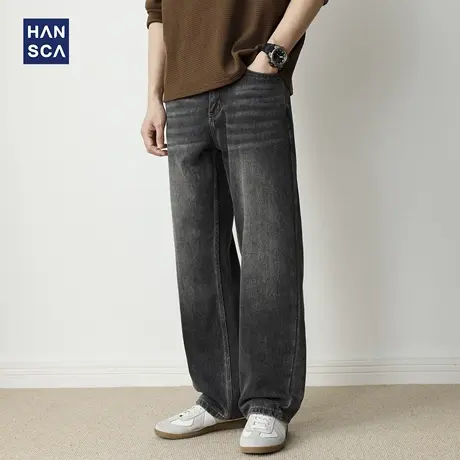 hansca宽松直筒烟灰色牛仔裤男2025新款复古水洗垂感美式秋季长裤图片
