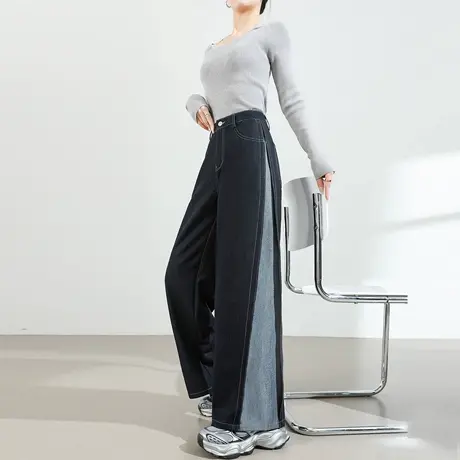 拼接撞色直筒牛仔裤女春秋2025新款高腰垂感显瘦宽松大码阔腿裤子商品大图