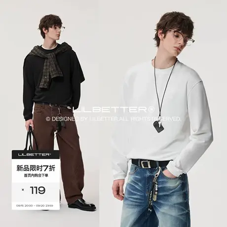 Lilbetter柔软毛巾肌理刺绣logo圆领长袖T恤2025秋简约宽松打底衫商品大图