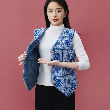 加绒V领开衫保暖背心马夹妈妈外搭复古叠穿小马甲冬图片