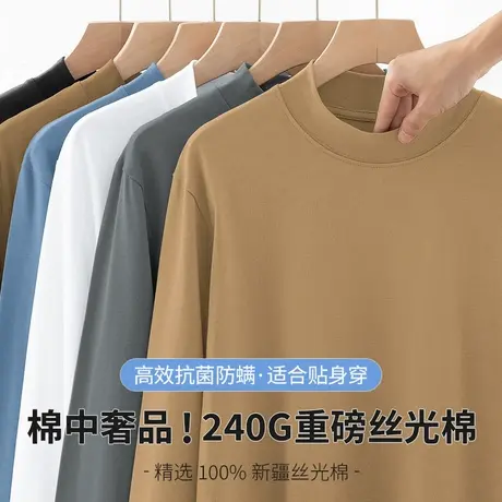 240g重磅纯棉长袖t恤男装半高领中领内搭打底衫抗菌全棉纯色秋衣商品大图