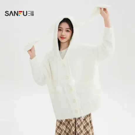 三福带帽毛衣2025秋季法式蕾丝帽绳球宽松外套上衣女装511139商品大图