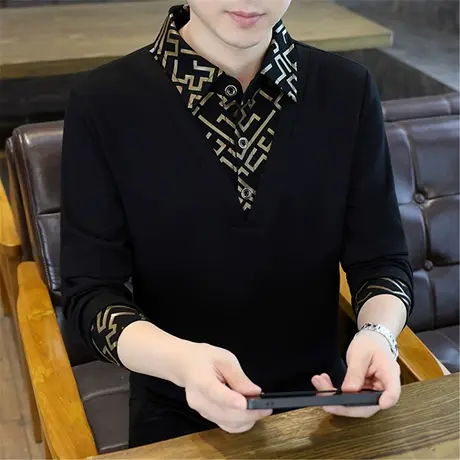 2025秋冬新款男士长袖T恤加肥加大码潮流欧货POLO衫个性假两件男商品大图